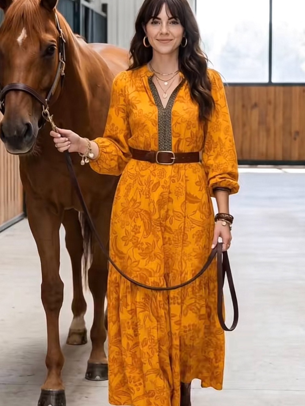 Boho Floral Mustard Maxi Dress with Belt XL